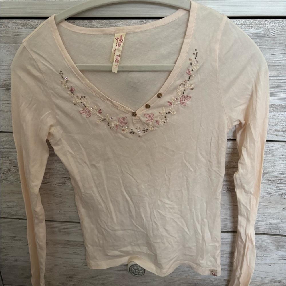 Abercrombie & Fitch Cream Embroidered Long Sleeve Top